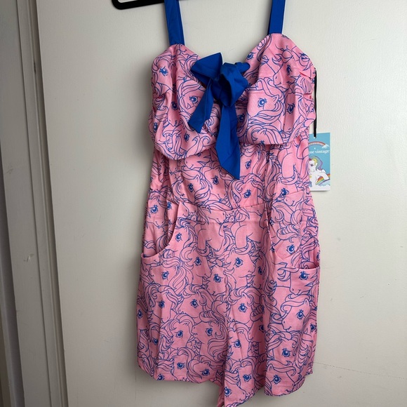 Unique Vintage X My Little Ponies Pink & Blue Bow Front Pinup Romper NWT M-L? - Picture 5 of 15